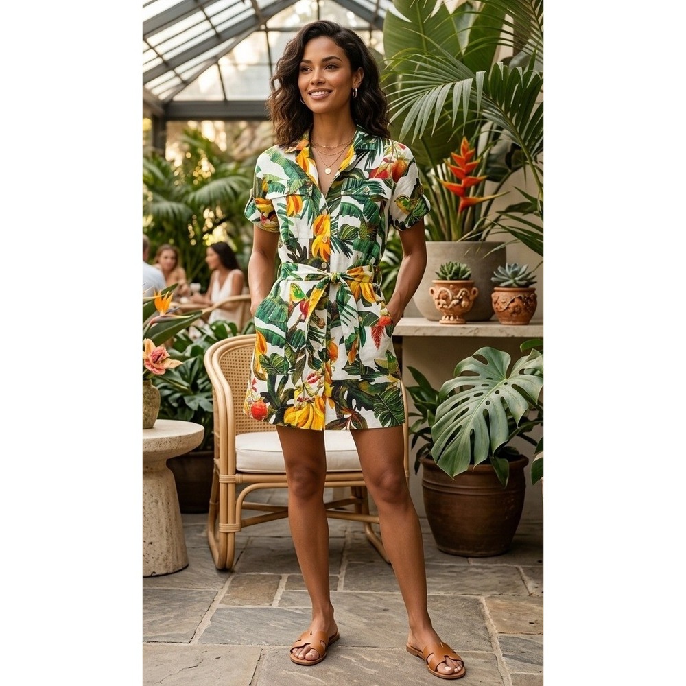 House‎ of Harlow Tropical Linen Blend Utility Mini Shirt Dress Belted Size Xl?